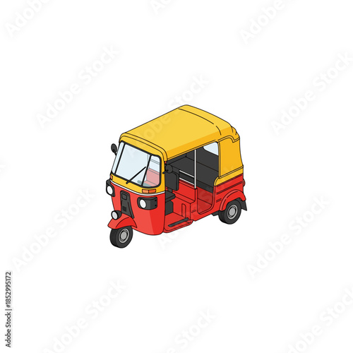 Vibrant Red and Yellow Auto Rickshaw Illustration on White Background.