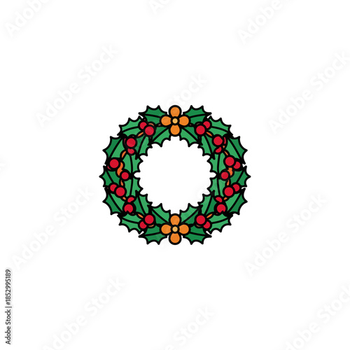 Holly wreath circular emblem with green leaves red berries.
