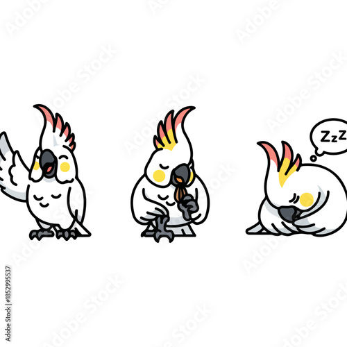 Three cartoon cockatoos with chick and sleeping cockatoo.