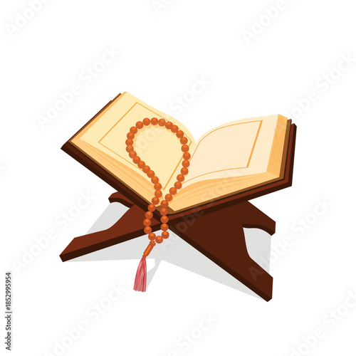 Holy Quran on Wooden Stand with Prayer Beads – Islamic Religious Illustration
