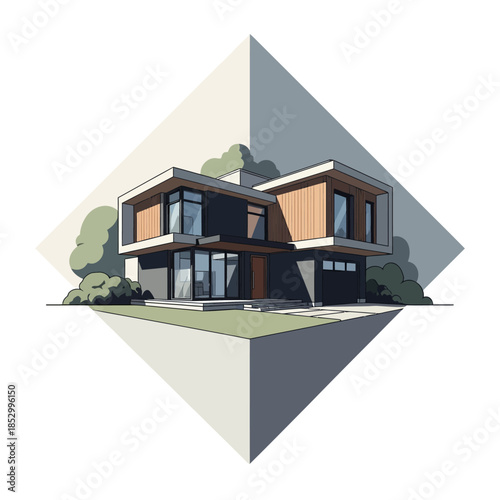 Modern 3d render of a luxury estate house featuring glass windows and concrete architecture under a clear city sky for a new real estate property design