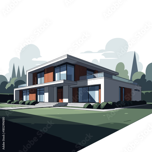 Modern vector illustration of a luxury residential apartment building with blue windows and balconies on a new urban city street under a clear sky