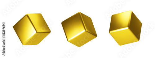 Golden 3D cube with glossy metallic surface and gradient reflection. Modern geometric shape isolated on clean background. Luxury cube design element for contemporary digital compositions.