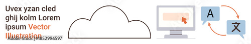 Cloud technology, language translation, digital tools, global communication, UI interaction, computing services. Cloud, computer and translation icons. Cloud technology and language translation