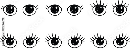 Hand Drawn Cute Anime Eyes with Eyelashes and Sparkles Vector SetHand Drawn Cute Anime Eyes with Eyelashes and Sparkles Vector Set