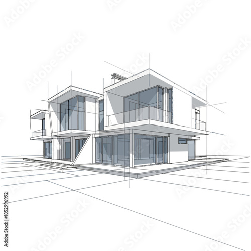 A professional 3d render and architectural sketch of a residential home project featuring a modern exterior facade, building blueprint design, and structural roof model for a real estate concept