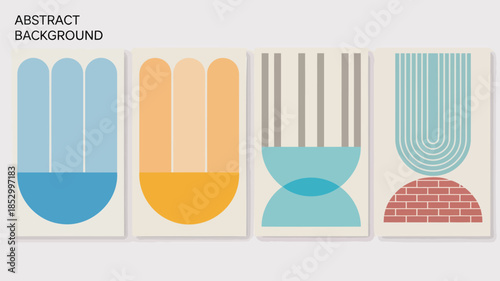 A set of four minimalist geometric art prints with abstract shapes and colorful backgrounds