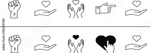 Hand gestures and empathy icons set featuring fist heart and care symbols.Hand gestures and empathy icons set featuring fist heart and care symbols.