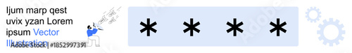 Cybersecurity, data protection, password security, online privacy, digital authentication, secure systems. Asterisks as password symbols with abstract gear visuals. Cybersecurity and data protection