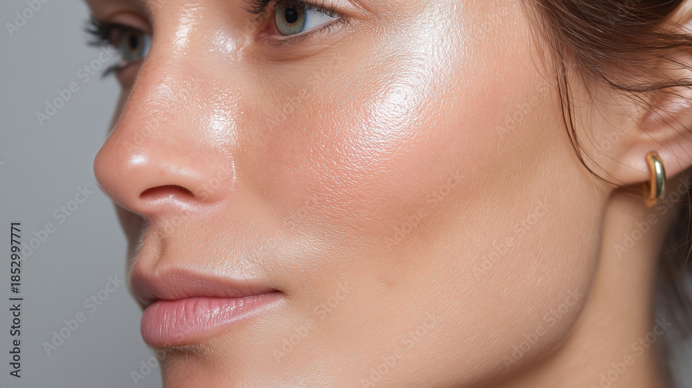 Obraz premium Close up of cheek contour with hydrated highlight showing smooth skin texture and natural makeup glow on young woman with blue eyes and gold earring