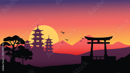 Japanese Sunset Landscape Background with Torii Gate, Pagoda, Mountains, and Traditional Oriental Scenery Vector
