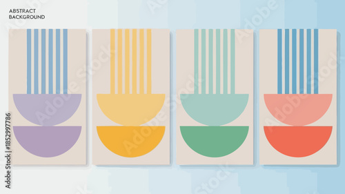 A set of four minimalist geometric art prints in pastel colors featuring halved shapes and striped patterns on a light background