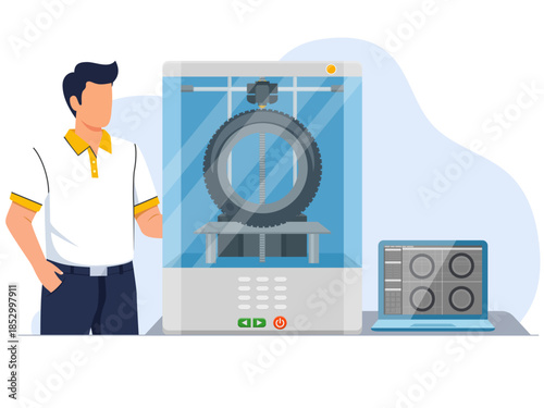 3D printing technology concept characters computer engineer prints printer