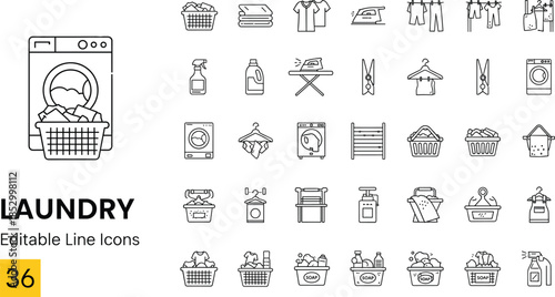 Laundry service line icons with washing machine basket clothes iron and detergentLaundry service line icons with washing machine basket clothes iron and detergent