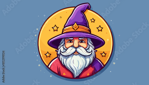 Cartoon Wizard Portrait with Pointed Hat and Long White Beard.