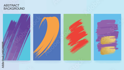 Modern abstract digital art with colorful brush strokes on four rectangular backgrounds in purple, orange, red, and yellow hues