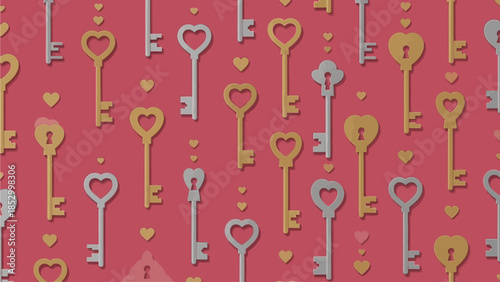 This intriguing flat design seamless pattern features minimalist 2D vector illustrations of heart-shaped keys and keyholes, symbolizing unlocking love and discovering connection. 