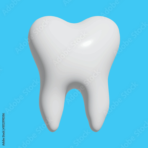 3D white shiny tooth icon, symbol design style. Tooth render on a blue background. Dentist concept. Modern 3D glossy tooth icon. Website and mobile app design element, vector illustration EPS 10.