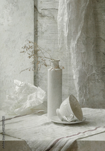 Still life with white dishes on a light background