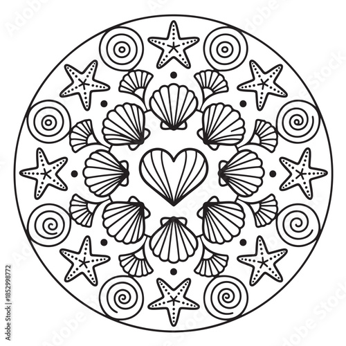 Oceanic mandala with a heart, seashells, and starfish for creative coloring fun