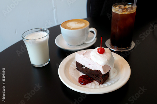 cherry cake korea cafe dessert sweets plate milk coffee table
