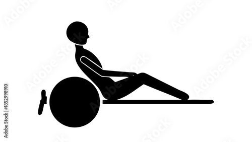 Minimal silhouette of a person sitting on a balance ball, core strength and posture wellness concept.
