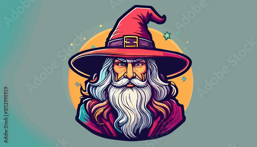 Cartoon Wizard Portrait with Pointed Hat and Flowing White Beard.