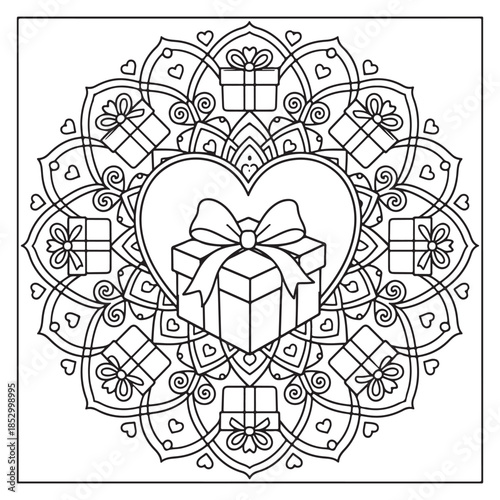 A delightful gift-themed mandala coloring page featuring a prominent heart and presents