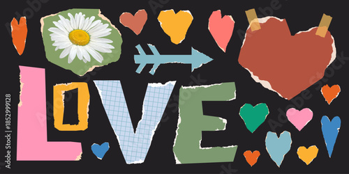 Vintage collage with hearts, foto flower, arrows, letters cut from old paper. Paper elements with torn edges for scrapbooking, greeting card, cover, for Valentine's Day, birthday. Vector. 