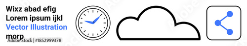 Technology, data sharing, time tracking, cloud services, networking, digital connection. Icon set includes a clock, cloud and share button. Cloud services and technology visualization concept