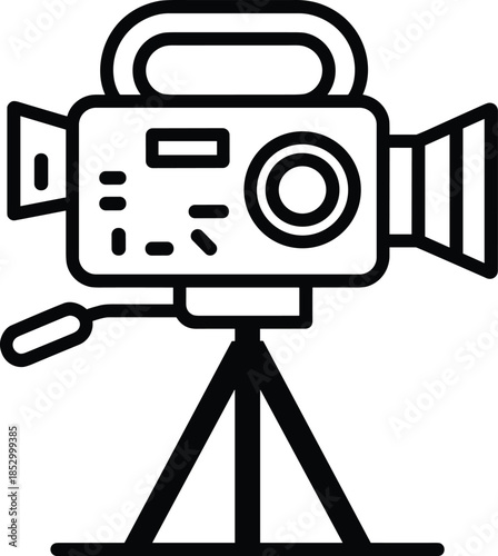 Video camera on tripod icon representing filmmaking videography media production recording broadcasting outline vector illustration flat modern design
