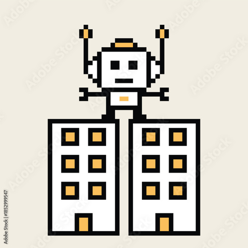 Cartoon pixel art of humanoid robot learning toy robotic cyborg engineer bot machine business vector character automation electronic background 8 bit artificial intelligence android digital design.