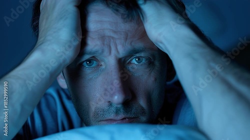 Man Struggling with Insomnia and Anxiety in Dim Light of Night, Reflecting Distress and Sleeplessness Amidst Blue Shadows