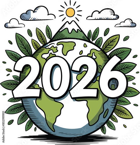 2026 Environmental Cartoon Illustration with Globe, Nature, and Mountains