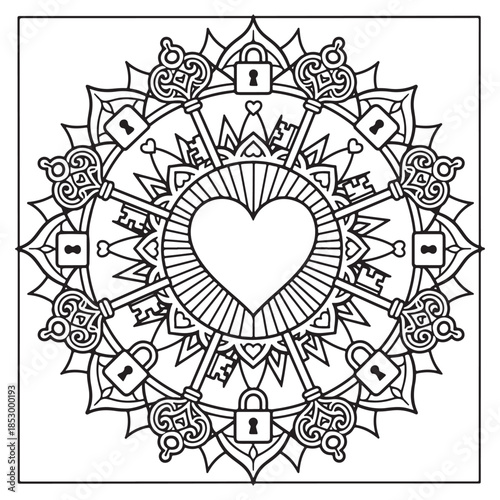Intricate heart mandala with keys and locks, a symbol