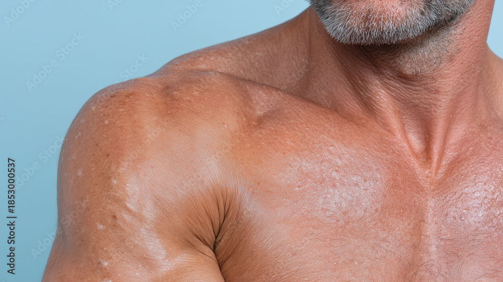 Naklejka premium Macro body shot of skin texture on upper arm with mild scaling and visible pores, showing natural skin details and slight hair growth on mature male with beard against blue background