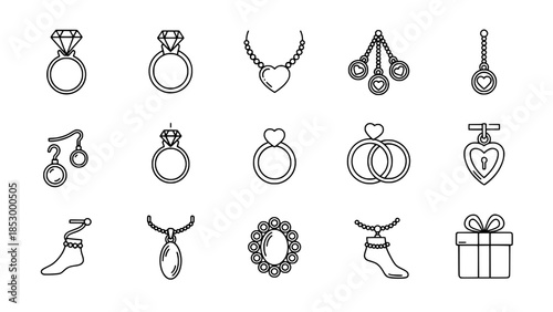 Assorted jewelry icons showcase various elegant ornaments isolated on white or Elegant accessories display ring necklace and gift emblems presenting fashion design isolated on white