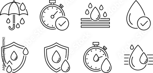 A collection of black and white line art icons representing various concepts related to water resistance, waterproofing, testing, and protection over time. Includes symbols like an umbrella, stopwatch