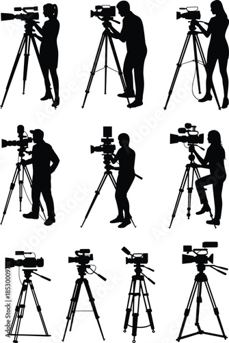 Video cameraman silhouettes set with professional broadcast cameras on tripods black vector illustration isolated on white background media production studio
