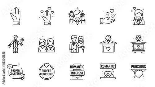 Romantic icons expressing dating in black line art style on white or Courtship symbols depicting love in simple minimalist drawing style on white