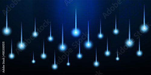 Meteor rain with falling glowing comets. Abstract light digital background. Neon Light Particles, luminous rays in motion, technology, network. falling glowing neon lights. Falling stars. Vector EPS10