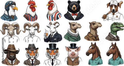 Collection of anthropomorphic animal characters wearing human clothes including eagles in pilot hats tigers in suits and goats in tuxedos isolated on white