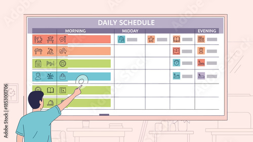 Man pointing at a daily schedule chart on a whiteboard with colorful blocks and icons in a classroom setting with a light background.