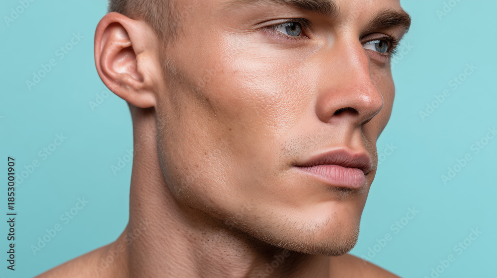 Obraz premium Matte male skin tone in macro clarity with elegant angles and smooth texture on face against blue background showing natural beauty and healthy complexion