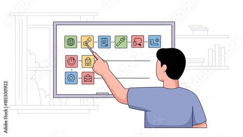 Man interacting with a digital interface on a screen with various icons in a home office setting.
