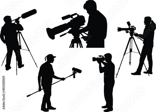 Video production crew silhouettes filming with cameras microphones tripods isolated vector illustration for media broadcasting journalism stock design commercial use