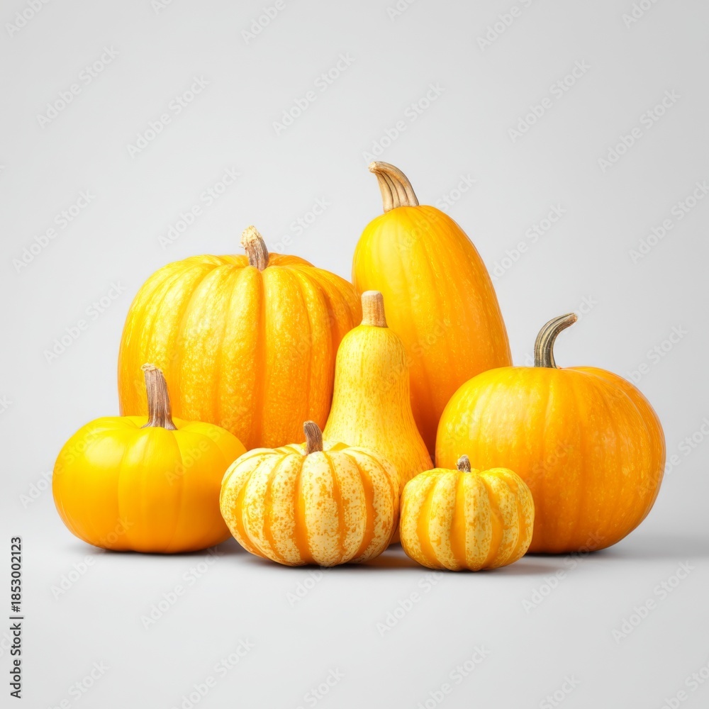 Fototapeta premium Assorted Yellow Pumpkins and Gourds Displayed on a Neutral Background for Autumn Celebration and Harvest Decoration