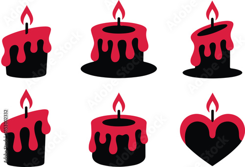 Set of six red candles with dripping wax