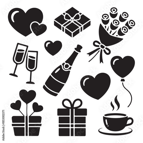 Romantic Valentine’s Day Love Icons Set – Hearts, Gifts, Roses & Champagne