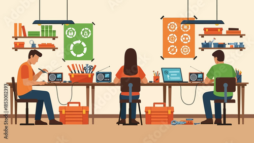 Three people working on laptops at a long table with various tools and equipment in a workshop or classroom setting with educational posters on the wall.